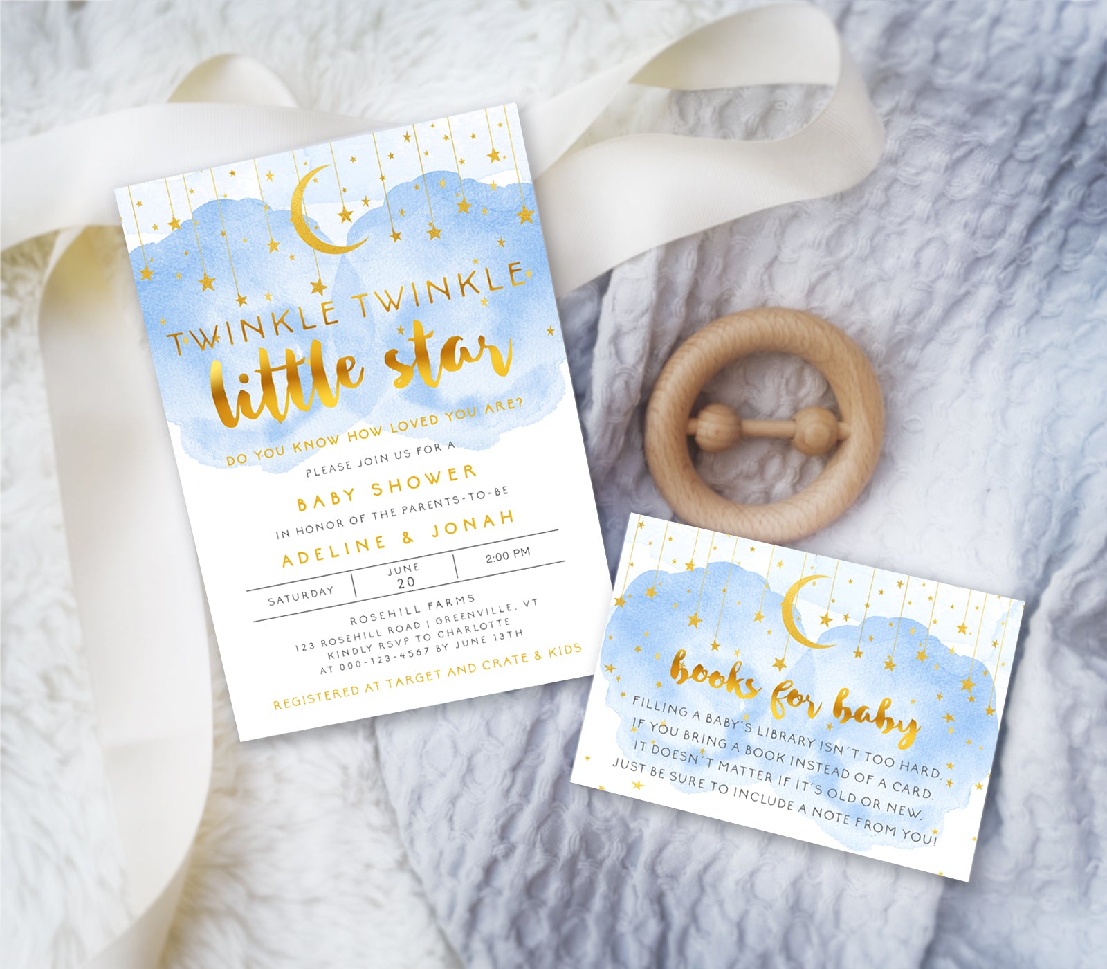 Twinkle twinkle little star 5 x 7 inch baby shower invitation and 5 x 3.5 inch books for baby card with blue smoke, gold moon and stars, gold script text from Artful Life Designs