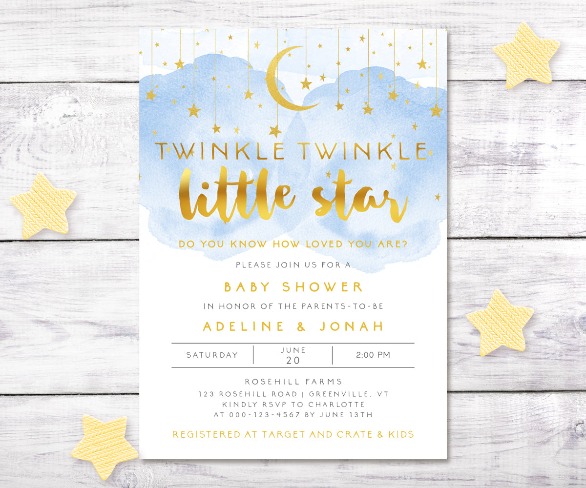 twinkle twinkle little star 5 x 7 inch baby shower invitation with blue smoke, gold moon and stars, gold script text from Artful Life Designs
