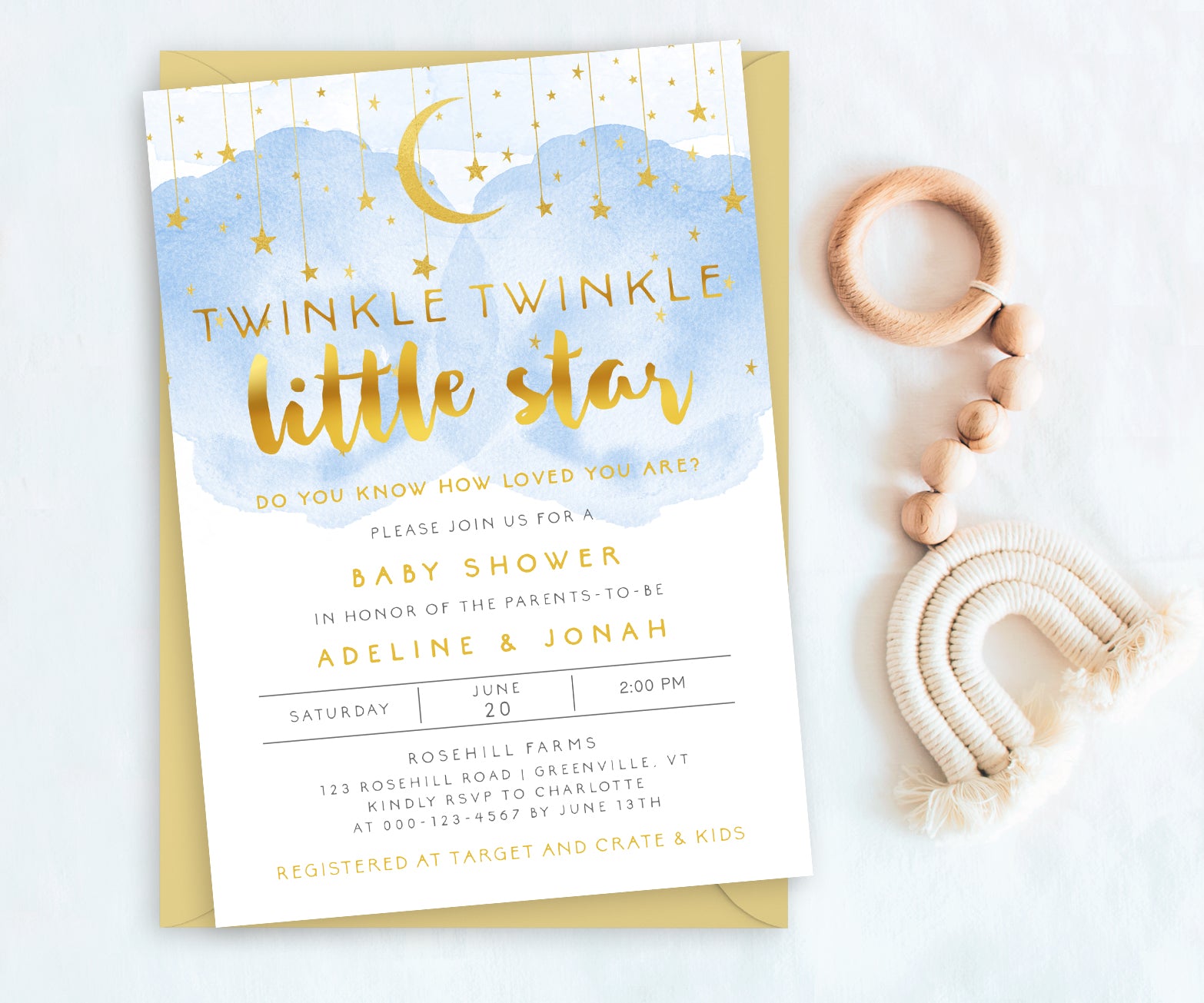 twinkle twinkle little star 5 x 7 inch baby shower invitation with blue smoke, gold moon and stars, gold script text from Artful Life Designs