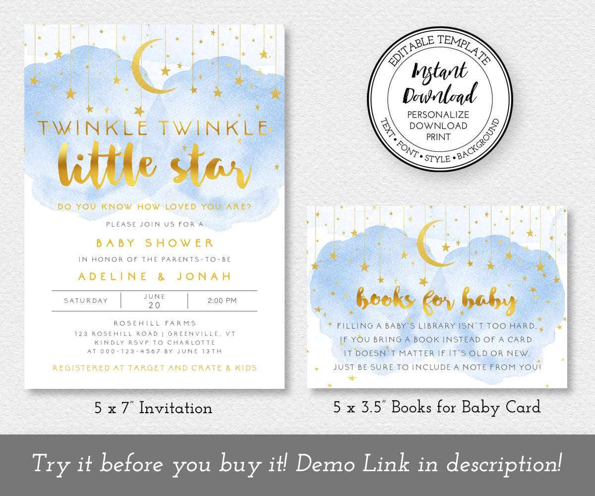 twinkle twinkle little star 5 x 7 inch baby shower invitation with blue smoke, gold moon and stars, gold script text, editable templates from Artful Life Designs
