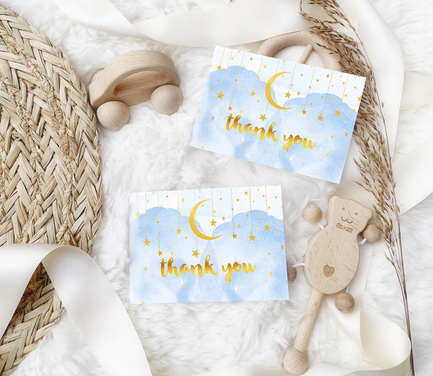 Baby Shower thank you card with blue smoke, gold moon and stars, twinkle twinkle little star from Artful Life Designs