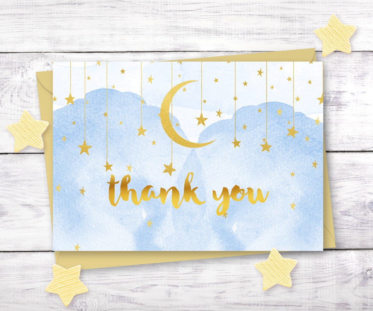 Baby Shower thank you card with blue smoke, gold moon and stars, twinkle twinkle little star from Artful Life Designs