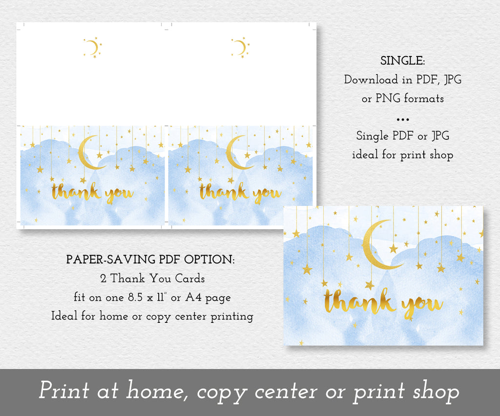 Paper saver PDF thank you note card with blue smoke, gold moon and stars from Artful Life Designs