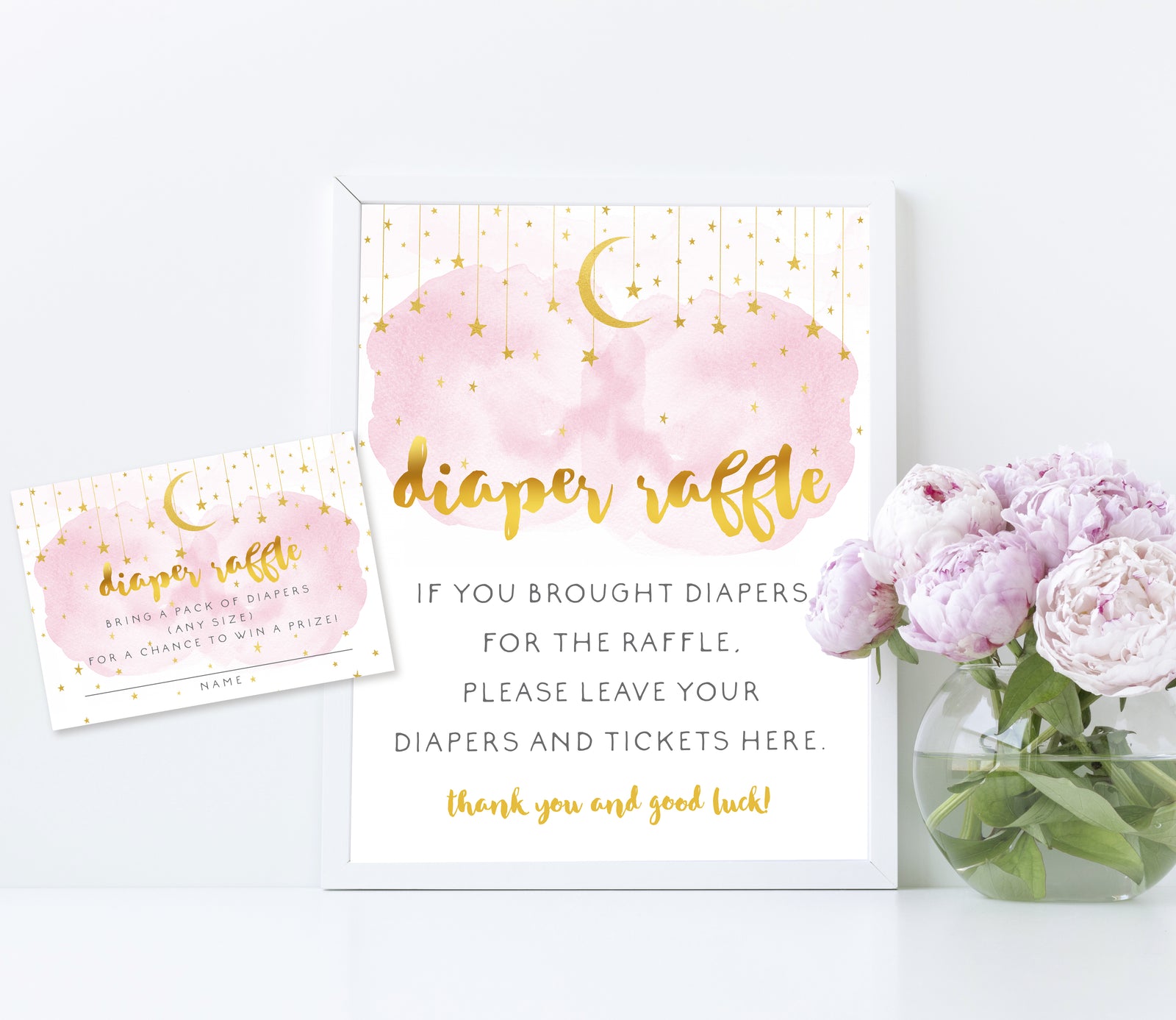 Artful Life Designs Diaper Raffle Sign and ticket with pink smoke, gold moon and stars, baby shower game templates