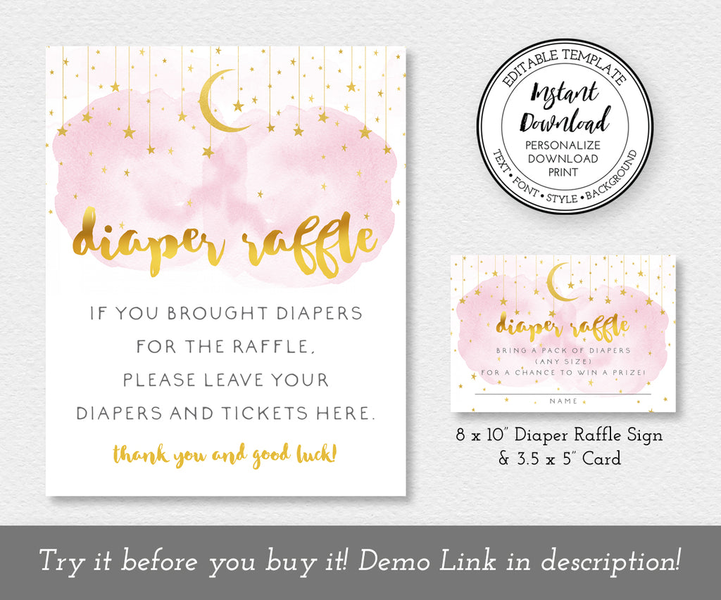Artful Life Designs Diaper Raffle Sign and ticket with pink smoke, gold moon and stars, baby shower game templates, Sign is 8 x 10" ticket is 3.5 x 5"
