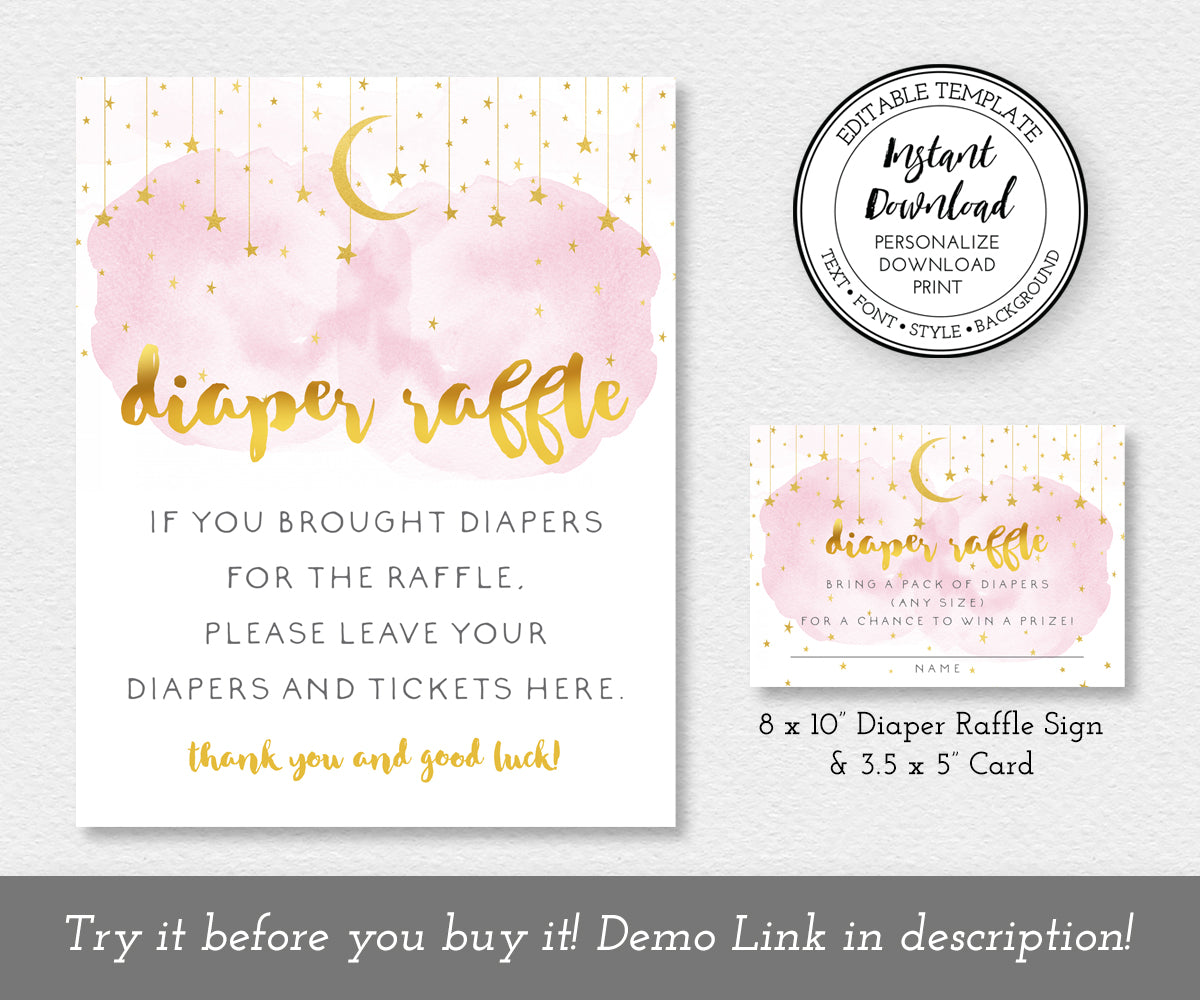 Artful Life Designs Diaper Raffle Sign and ticket with pink smoke, gold moon and stars, baby shower game templates, Sign is 8 x 10" ticket is 3.5 x 5"