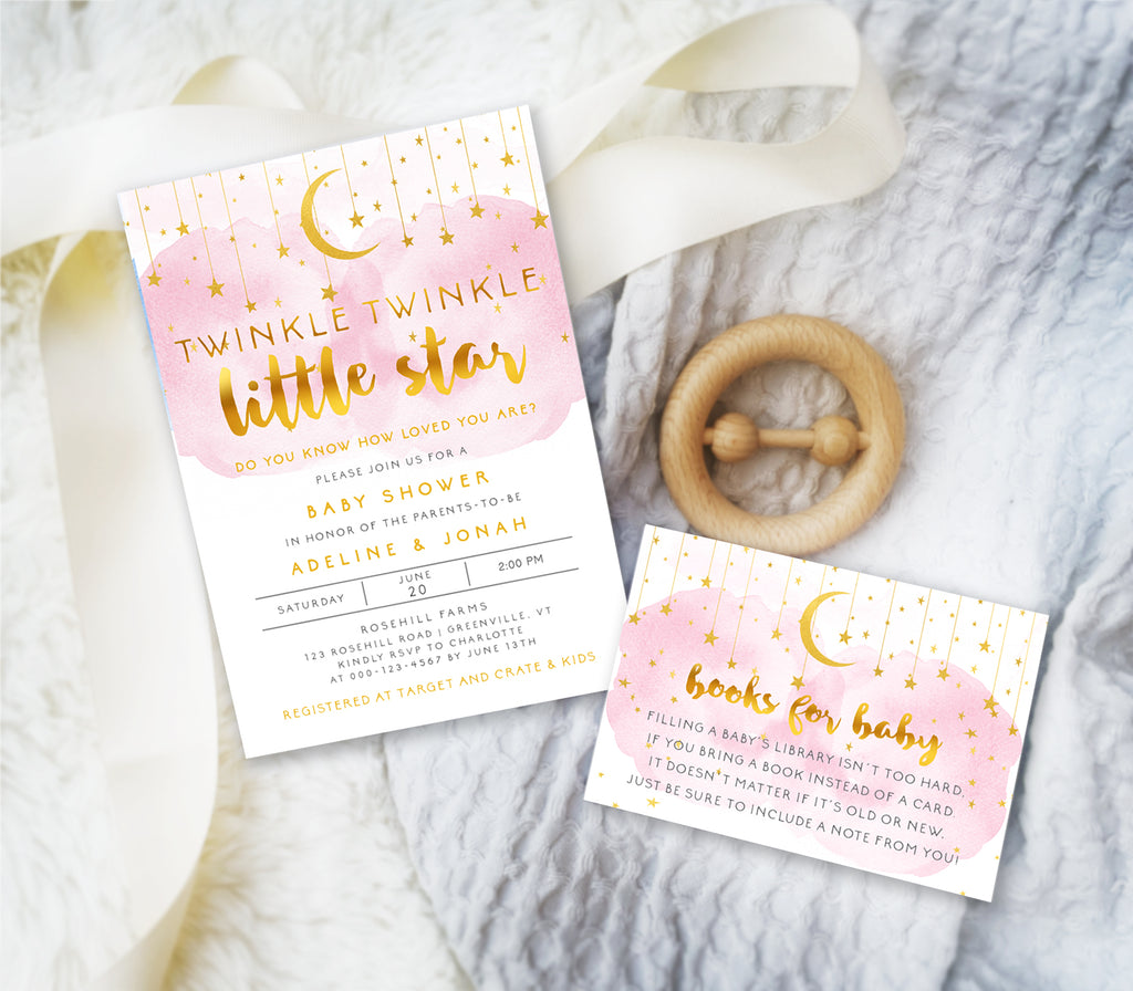 twinkle twinkle little stars baby shower invitation and books for baby card with pink smoke, gold moon and stars