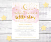 twinkle twinkle little star baby shower invitation from Artful Life Designs. Invitation has pink smoke with gold moon and stars
