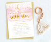 Twinkle twinkle little star 5 x 7 inch baby shower invitation with pink smoke, gold moon and stars 