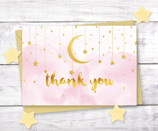 Baby Shower thank you card with pink smoke, gold moon and stars with gold thank you text for a baby girl shower