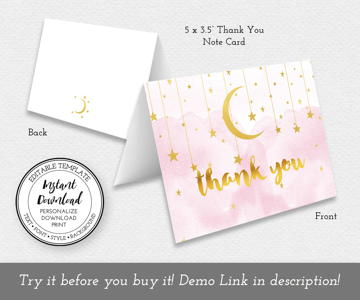 Baby Shower thank you card with pink smoke, gold moon and stars with gold thank you text, shown front and back, 5" x 3.5" thank you note card folded size
