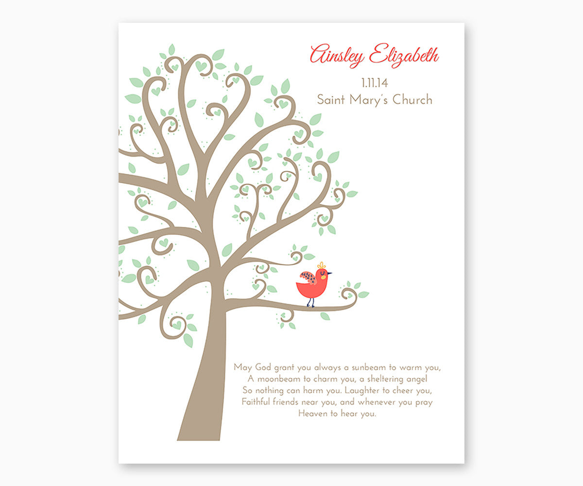 Personalized Baptism or Christening Tree with Baby Bird, White Background Baby Girl