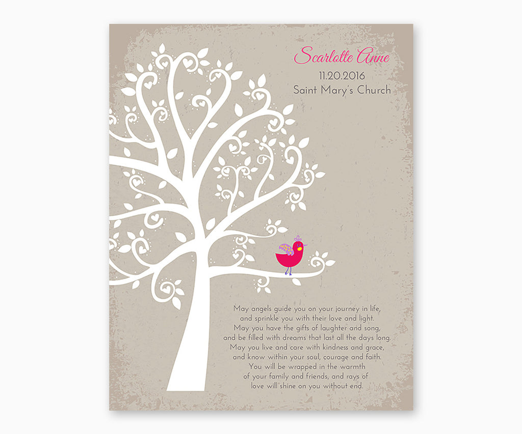 Personalized Baptism or Christening Tree with Baby Bird Girl