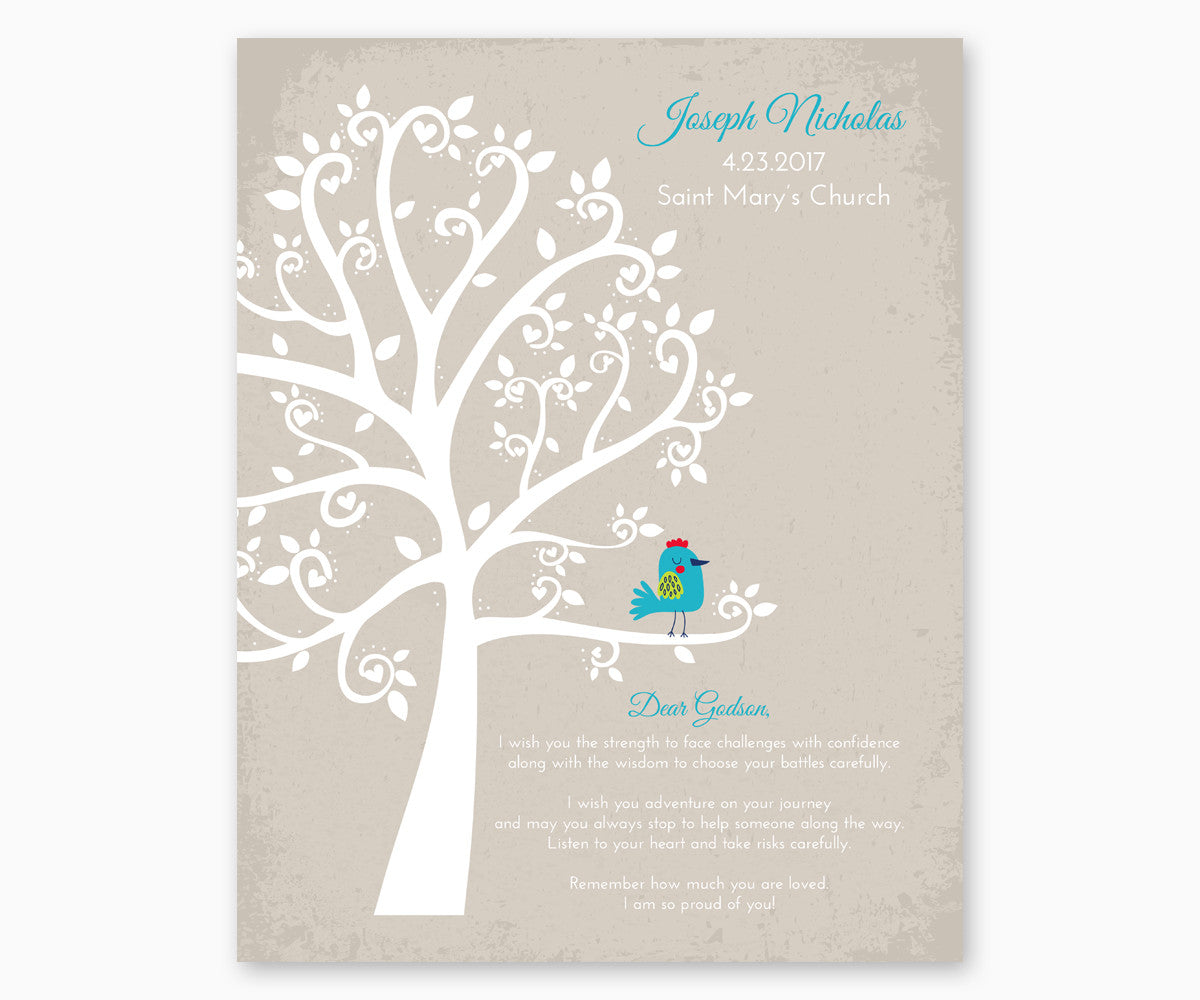 Personalized Baptism Tree Gift Print for Godson