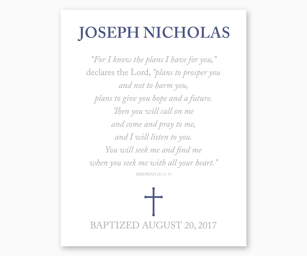 Personalized Baptism Print Jeremiah 29:11-13, For I Know The Plans I Have For You