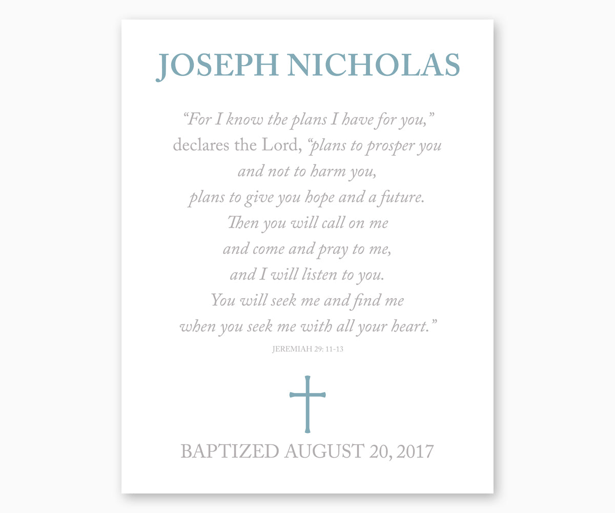 Personalized Baptism Print Jeremiah 29:11-13, For I Know The Plans I Have For You