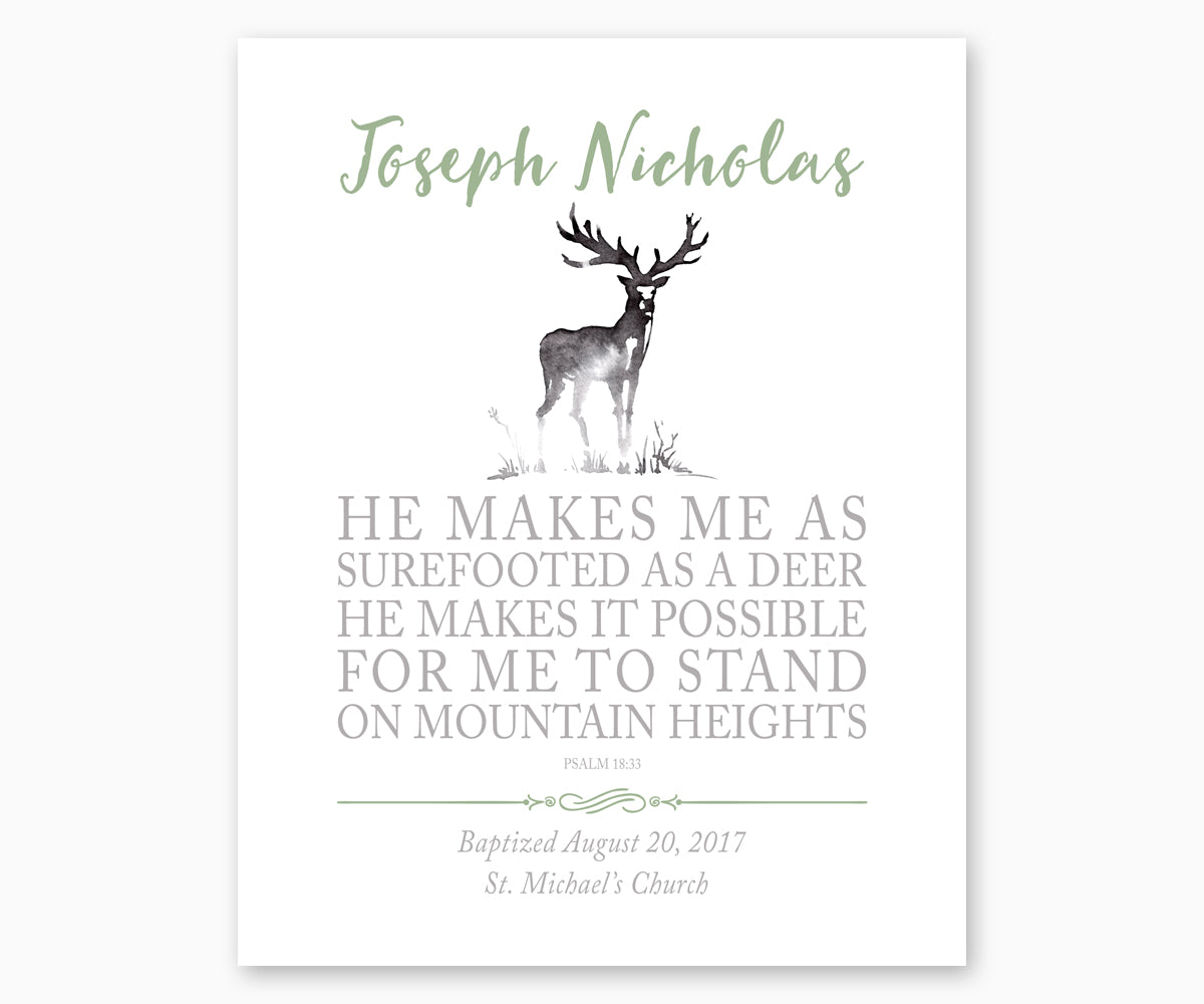 Personalized Baptism Print Psalm 18:33 He Makes Me As Surefooted As A Deer
