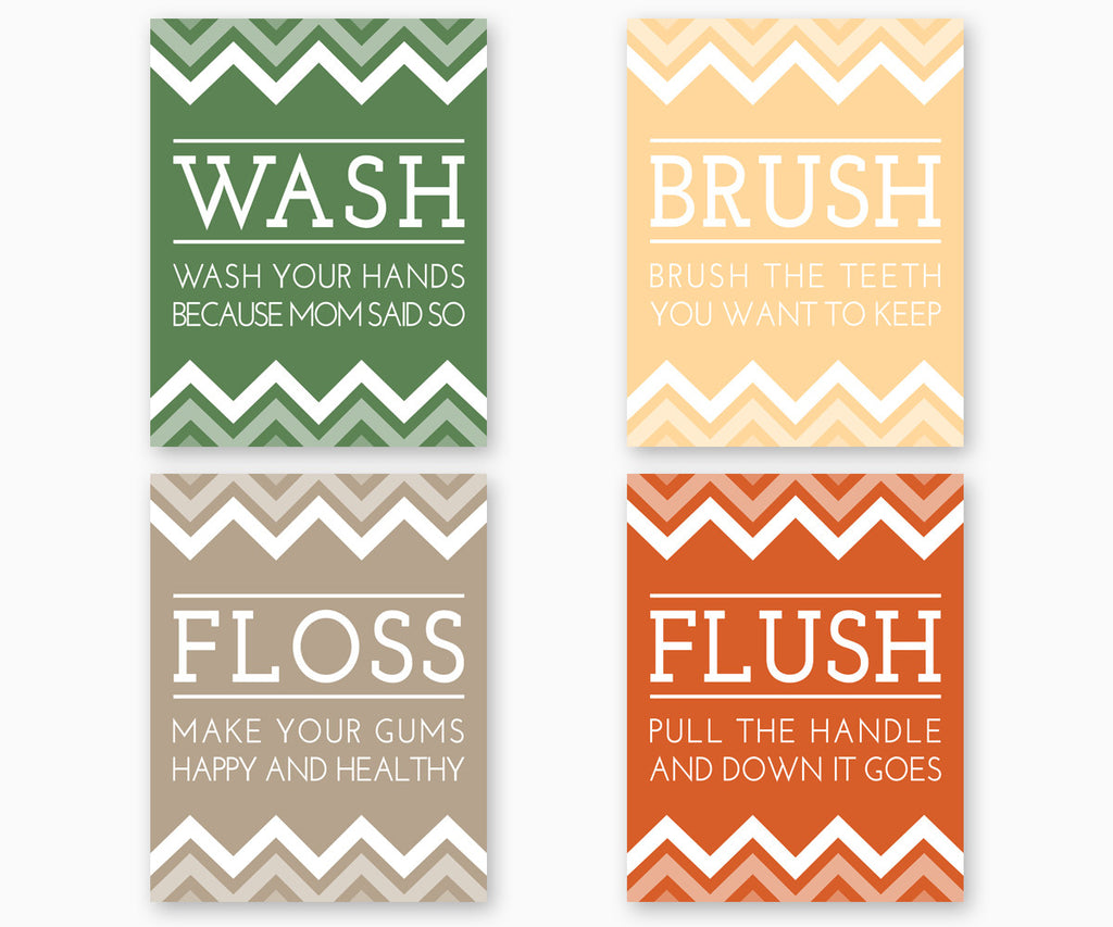 Bathroom rules Wash Brush Floss Flush, color set A