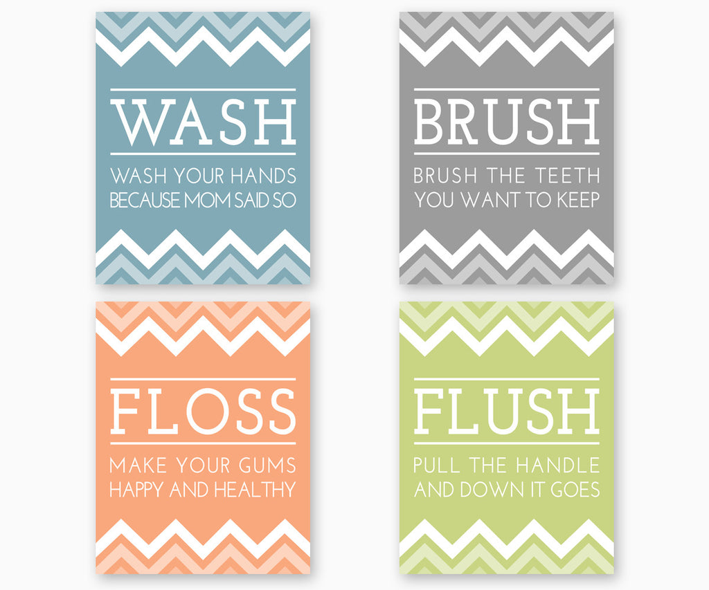 Bathroom rules Wash Brush Floss Flush, color set B