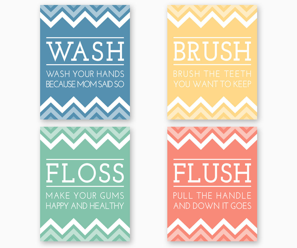 Bathroom rules Wash Brush Floss Flush, color set C