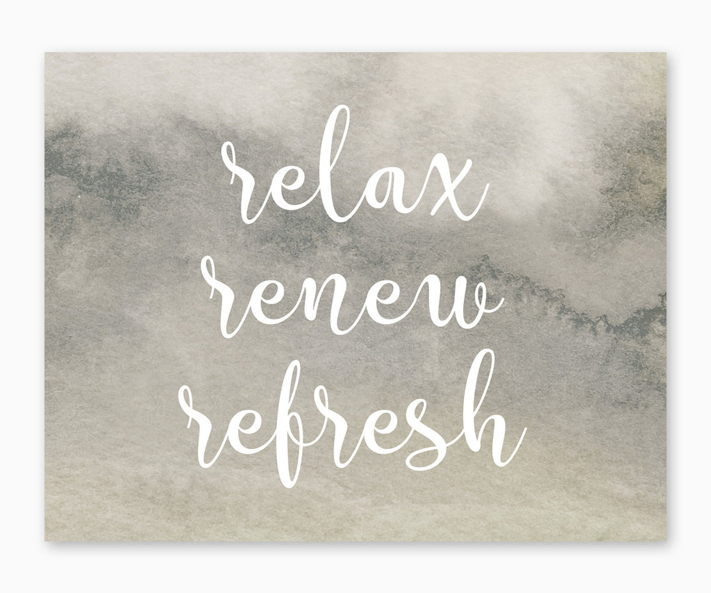 Relax Renew Refresh Gray Watercolor Bathroom Wall Art