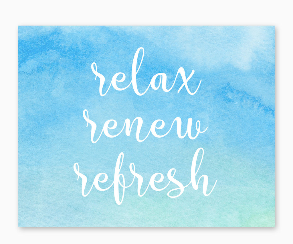 Relax Renew Refresh Blue Watercolor Bathroom Wall Art