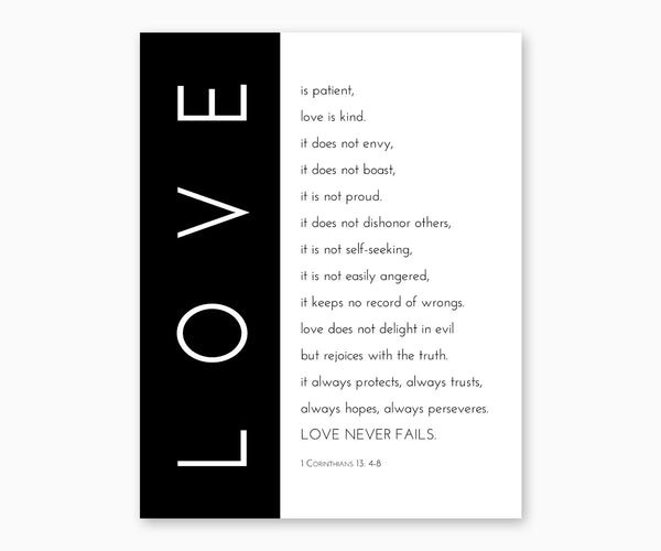 Bible Verse Wall Art- 1 Corinthians 13: 4-8 Love Is Patient, Love is Kind, Black & White