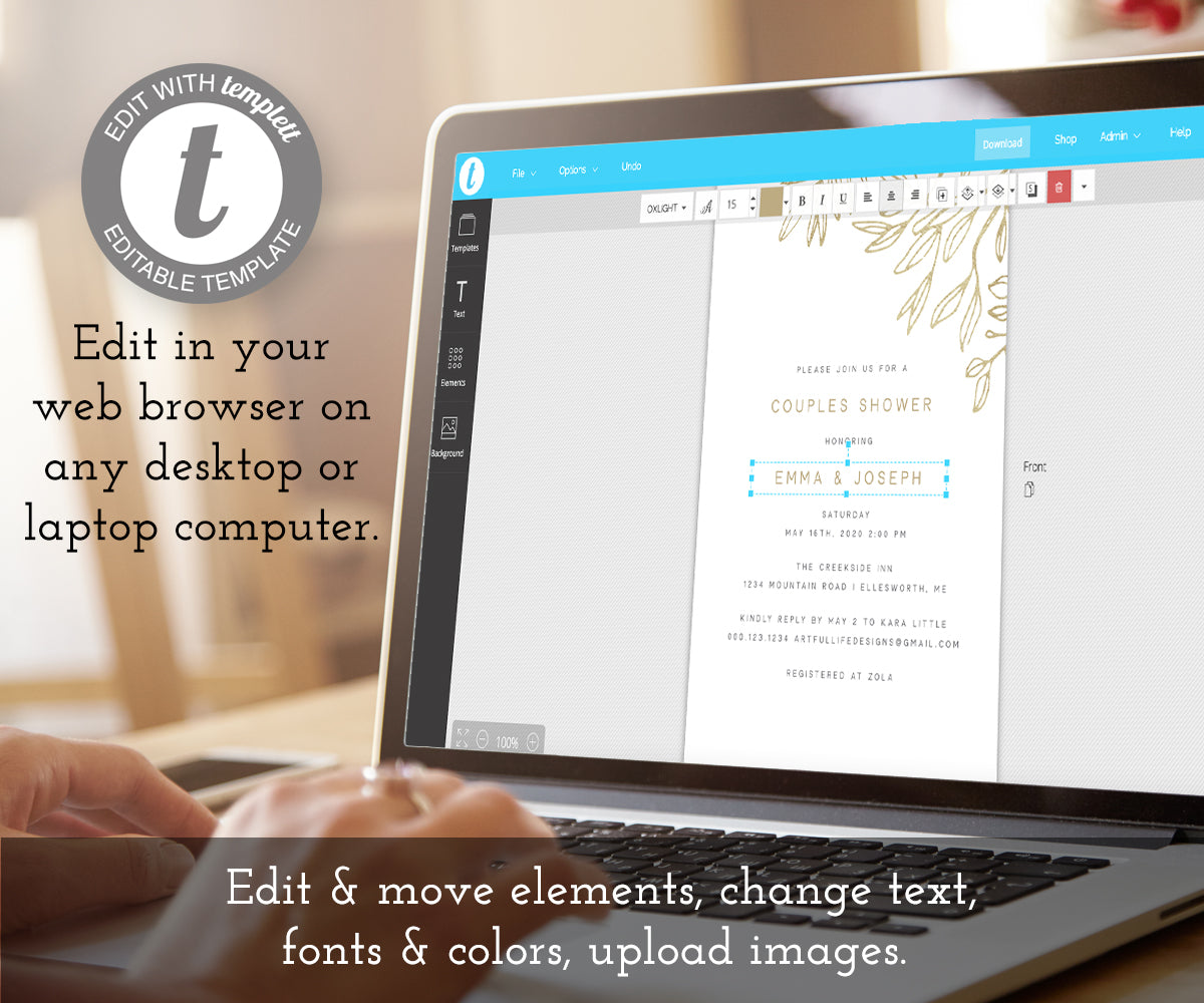 modern minimalist couples shower invitation with faux gold sketched leaves, edit template online at templett.com