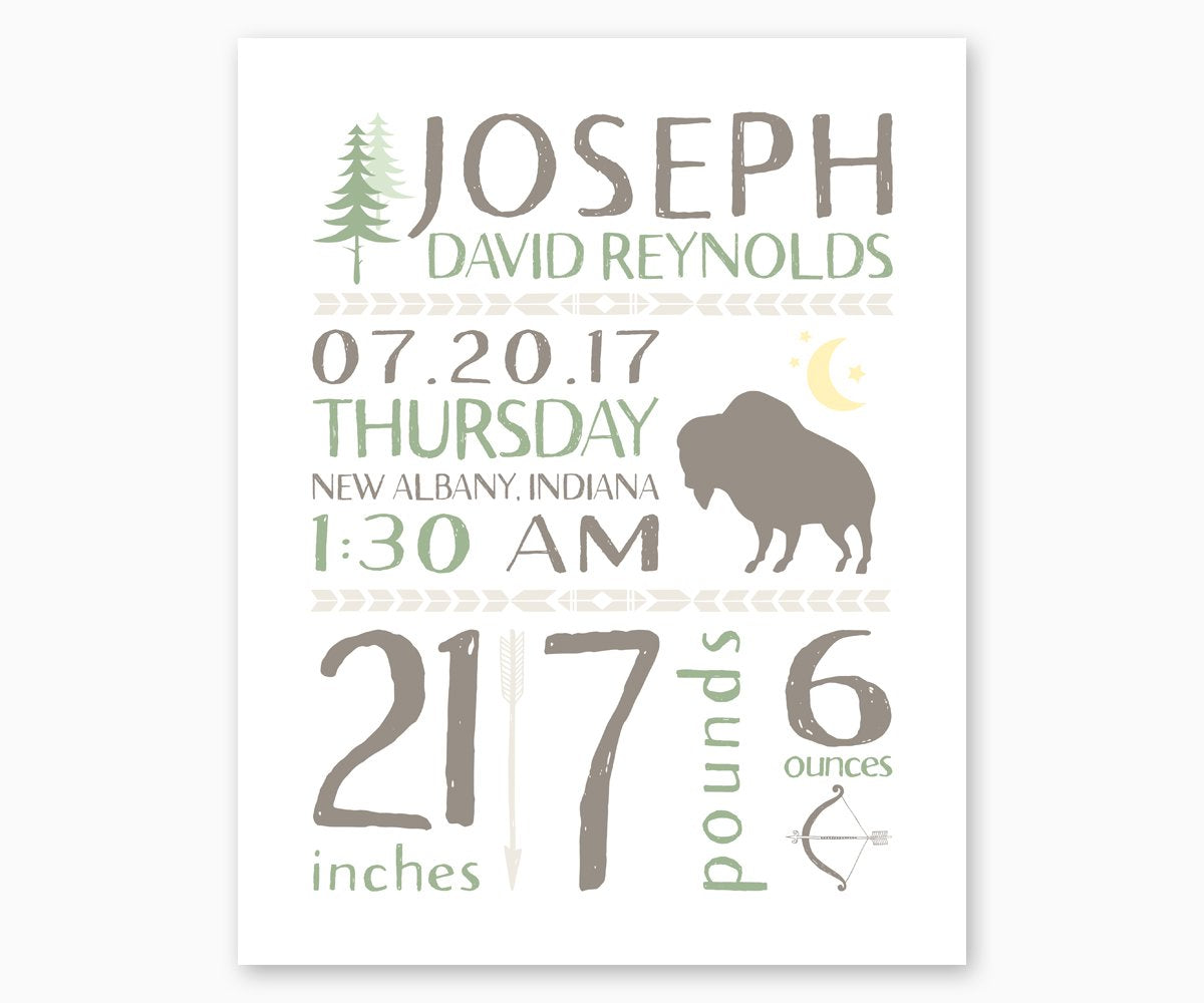 Tribal Birth Stats Nursery art with arrow and buffalo motifs in green and gray