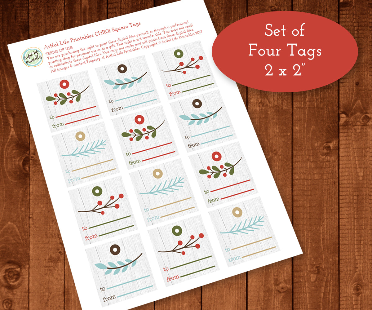 PDF sheet of square Christmas gift tags with nordic motifs.