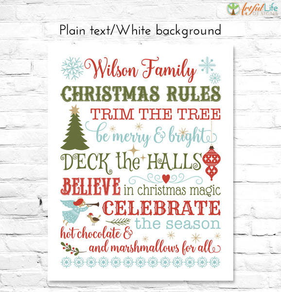 Christmas Rules Family Name Sign text on white background