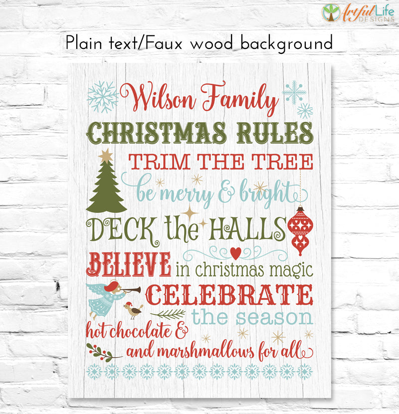 Christmas Rules Family Name Sign text on faux white wood background