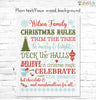 Christmas Rules Family Name Sign text on faux white wood background