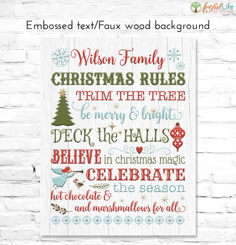 Christmas Rules Family Name Sign embossed text on faux white wood background