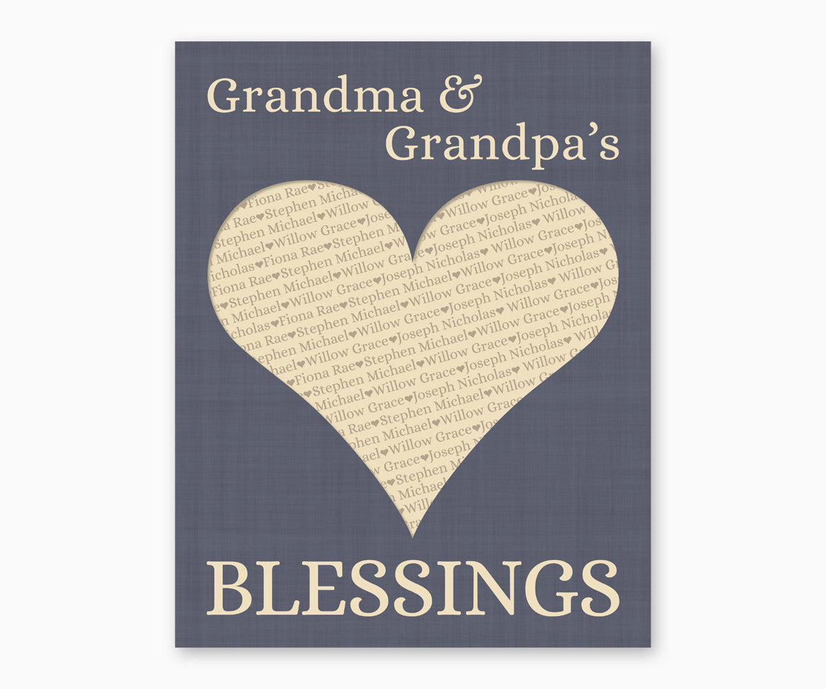 Grandma and Grandpa's Blessings, Heart Wall Art, blue