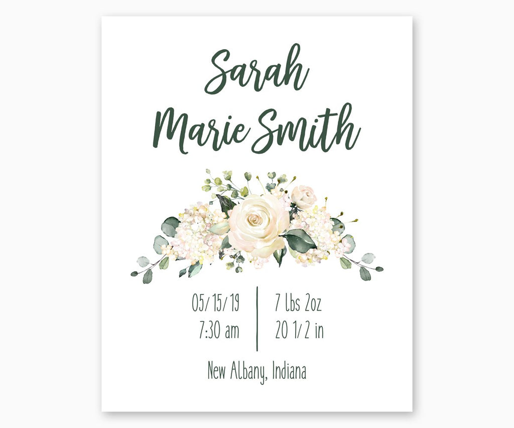 Watercolor Floral Birth Stats Nursery Print with white roses