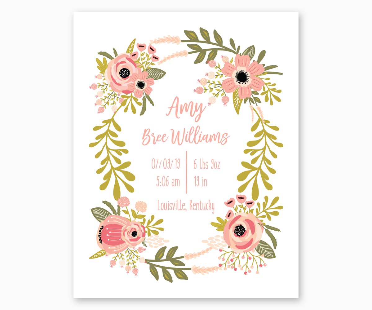 Floral Wreath Nursery Birth Stats Print in Pink and Green