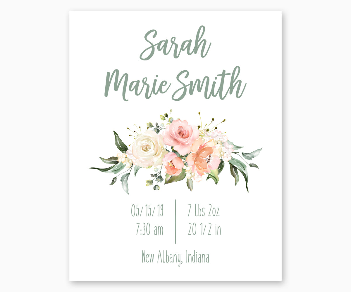 Floral Nursery Birth Stats Print, Boho Nursery in Pink, White and Green