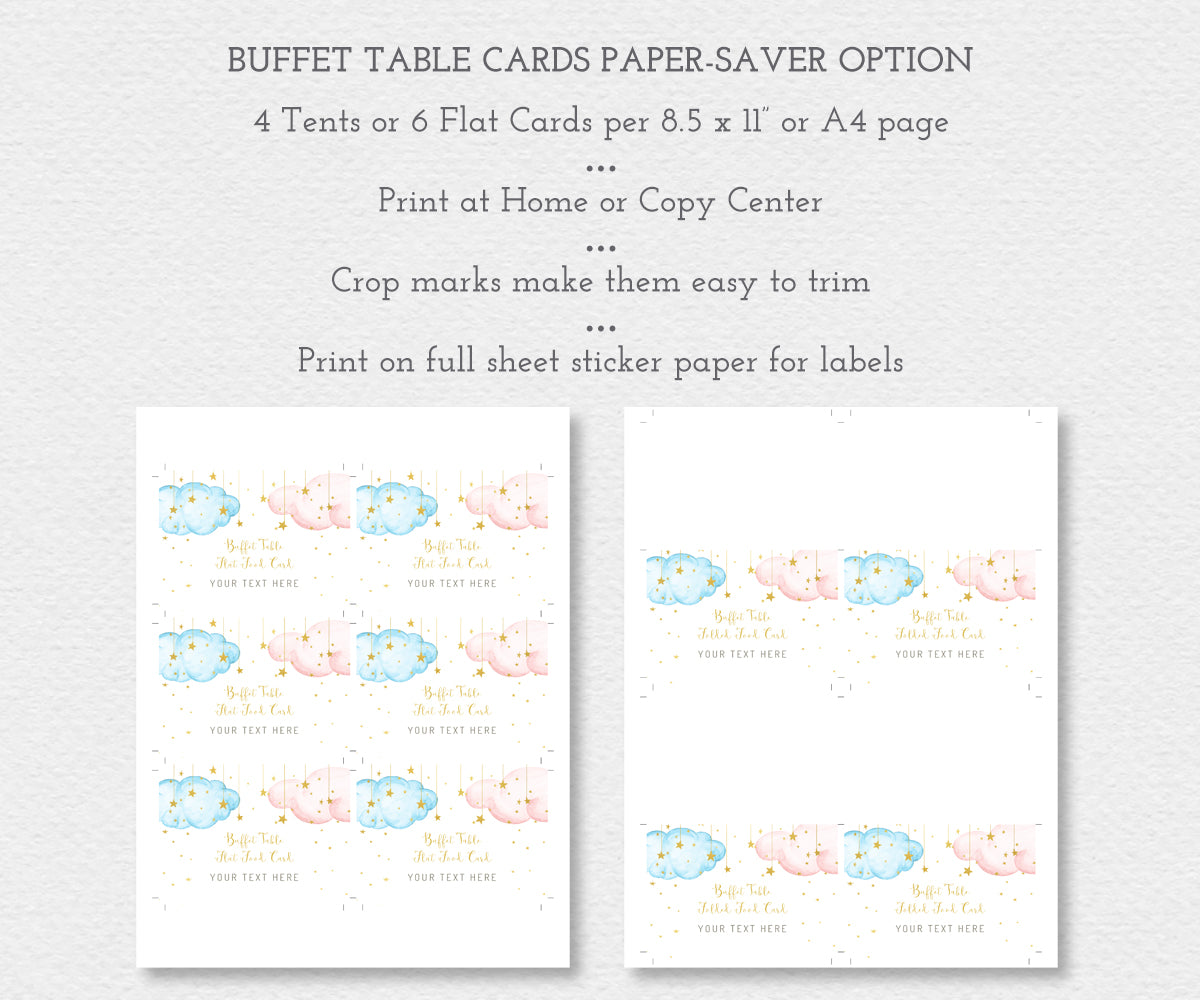 Paper saver option for buffet food cards, tent cards and flat cards for food labels or signs, pink and blue clouds with gold stars for twinkle little star gender reveal or baby shower