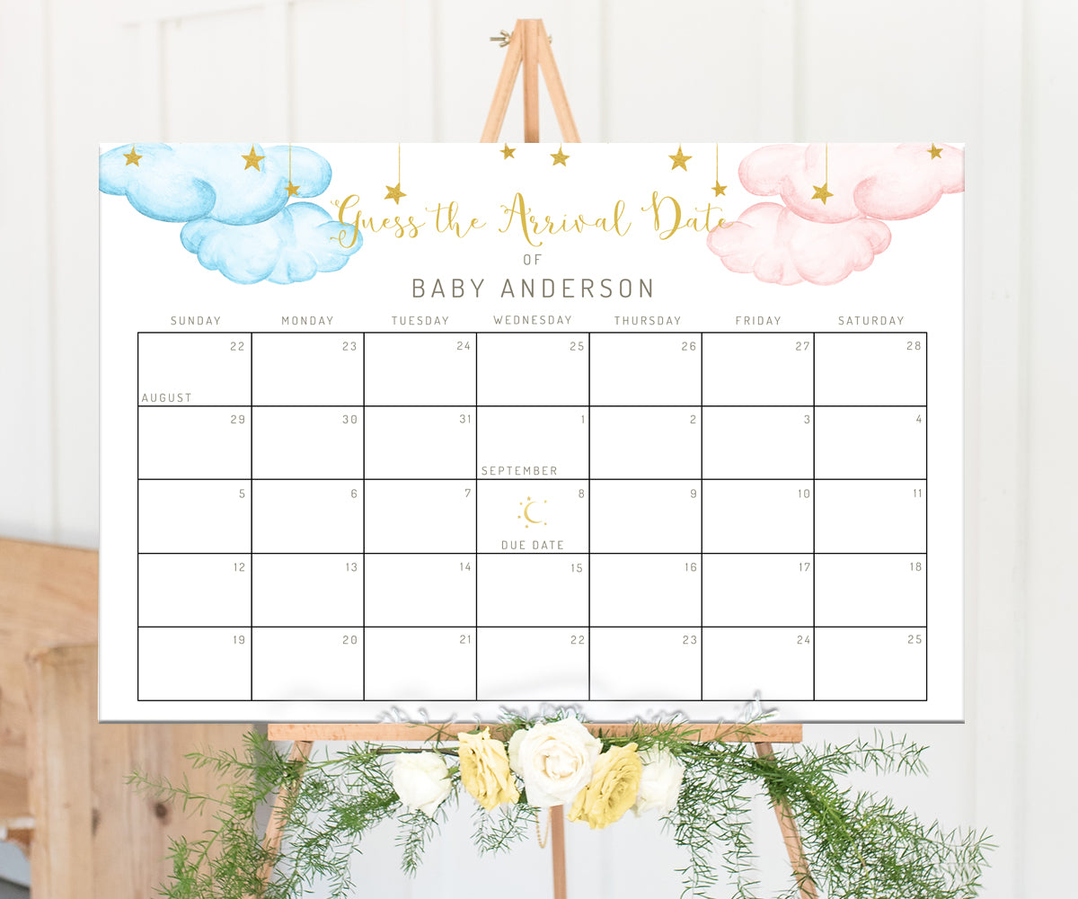 Twinkle Little Star baby due date calendar baby shower game with pink and blue clouds, gold stars