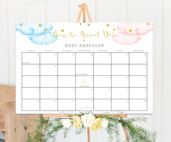 Twinkle Little Star baby due date calendar baby shower game with pink and blue clouds, gold stars