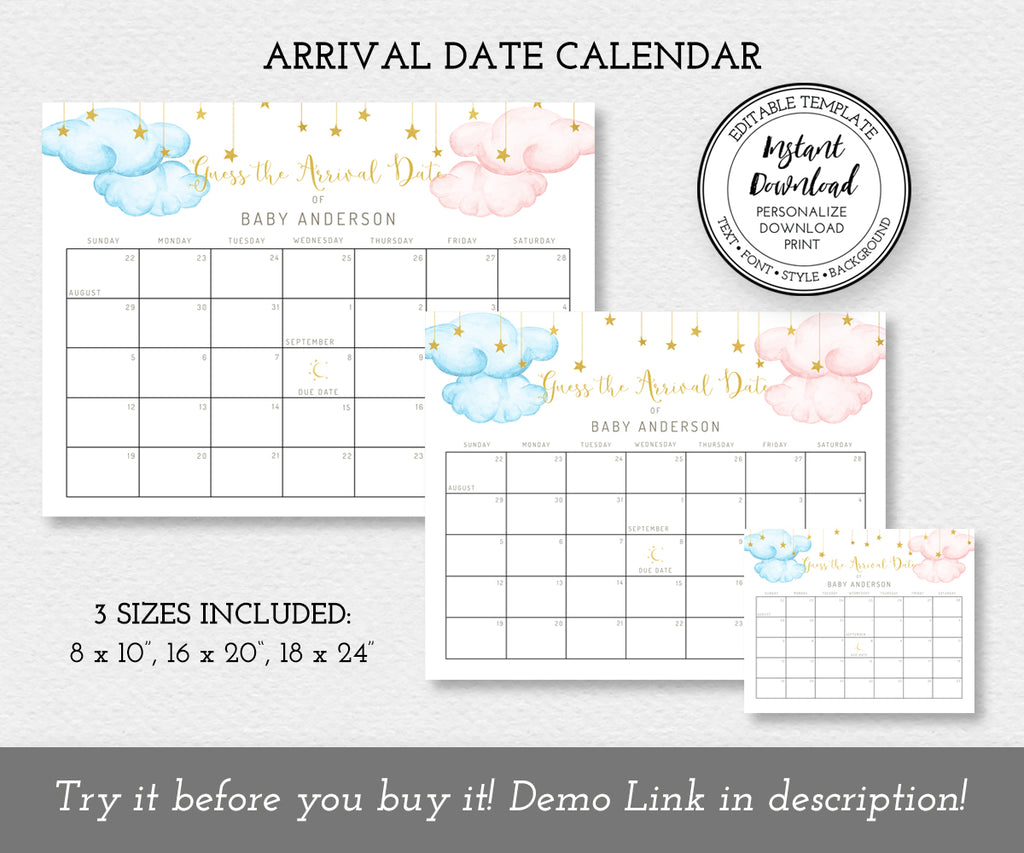 Arrival date calendar, twinkle little star with blue and pink clouds and gold stars