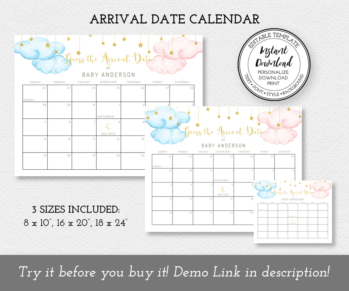 Arrival date calendar, twinkle little star with blue and pink clouds and gold stars