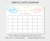 Arrival Date Calendar with blue and pink clouds and gold stars for baby shower or gender reveal
