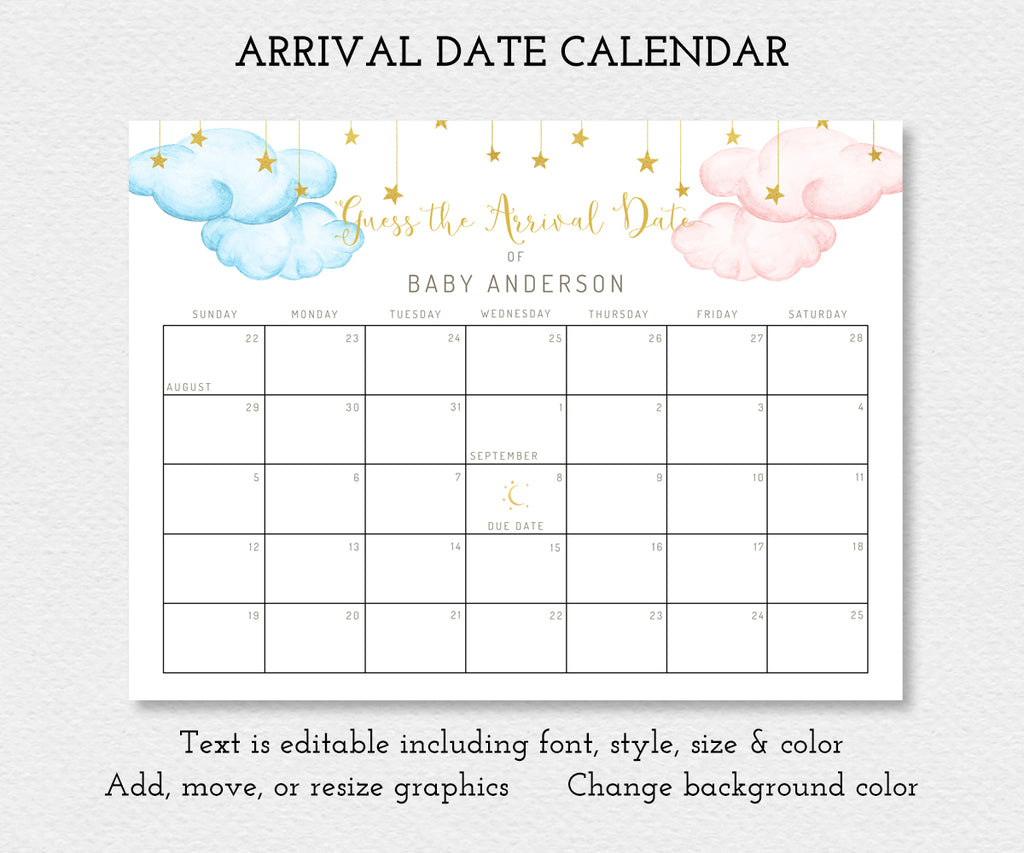 Arrival Date Calendar with blue and pink clouds and gold stars for baby shower or gender reveal