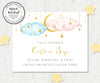 Editable custom sign template with blue and pink clouds with gold moon and stars to create unlimited custom signs for gender reveal or baby shower