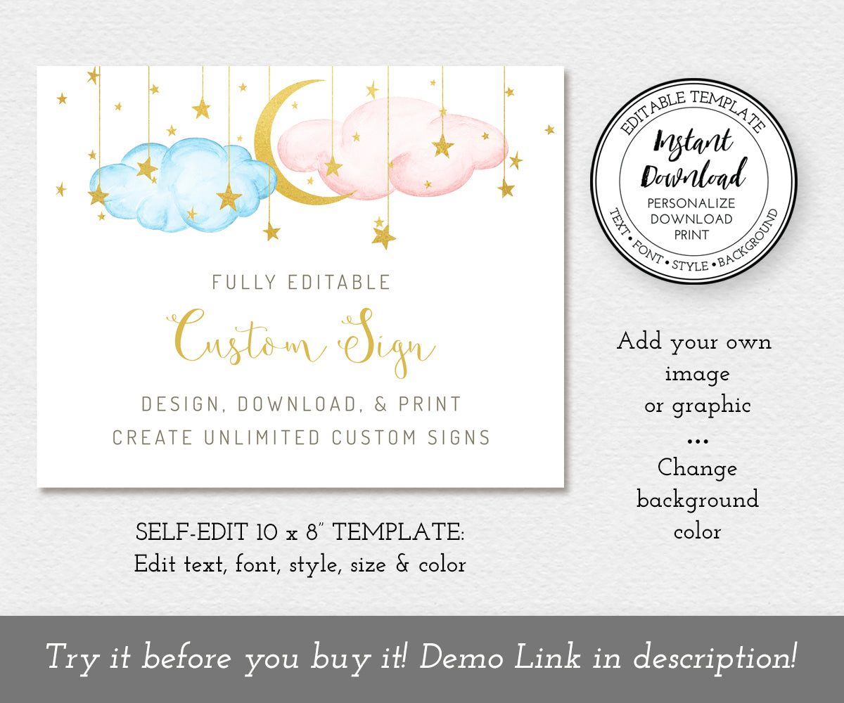 Editable 10 x 8 inch landscape, custom sign template with blue and pink clouds with gold moon and stars to create unlimited custom signs for gender reveal or baby shower