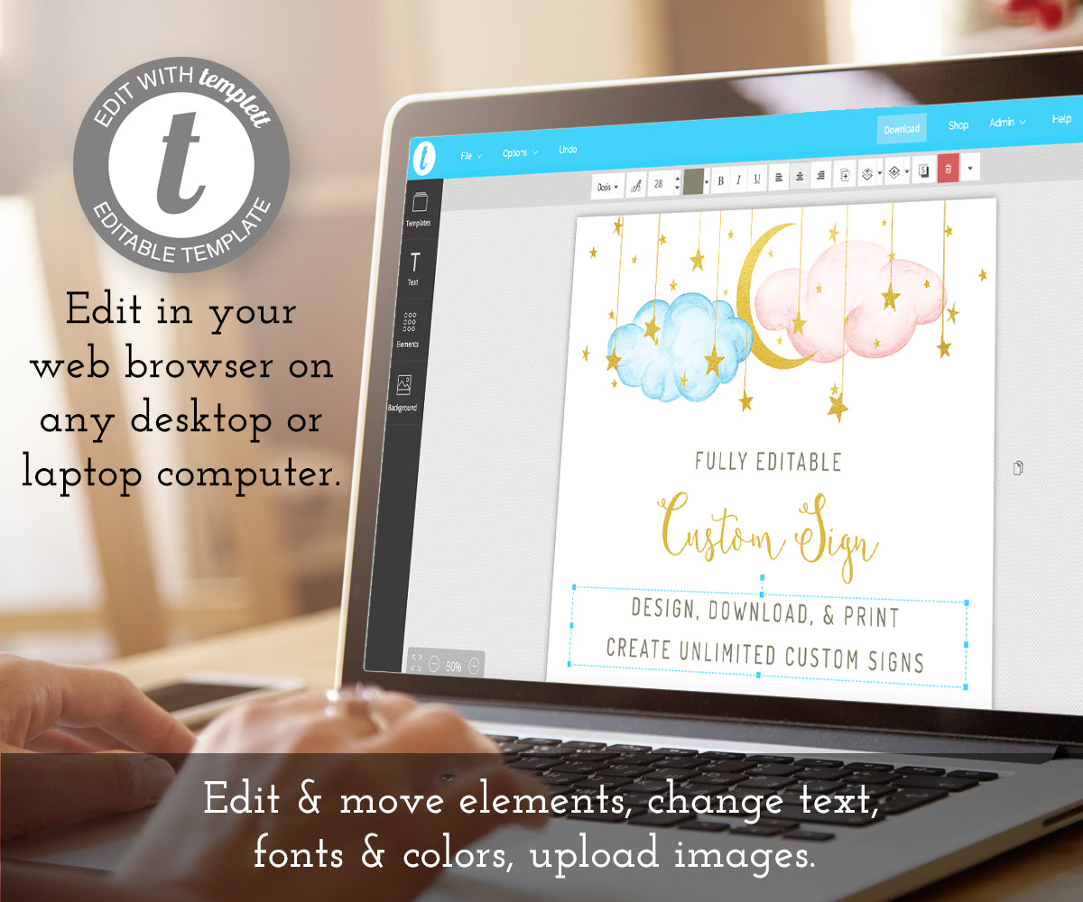 Twinkle little star custom sign being edited on a laptop computer using templett online software