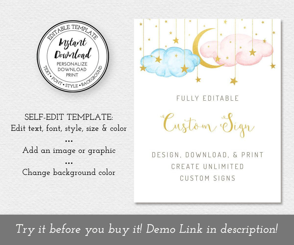 Gender reveal or baby shower custom sign editable template, portrait orientation with blue and pink clouds with gold moon and stars