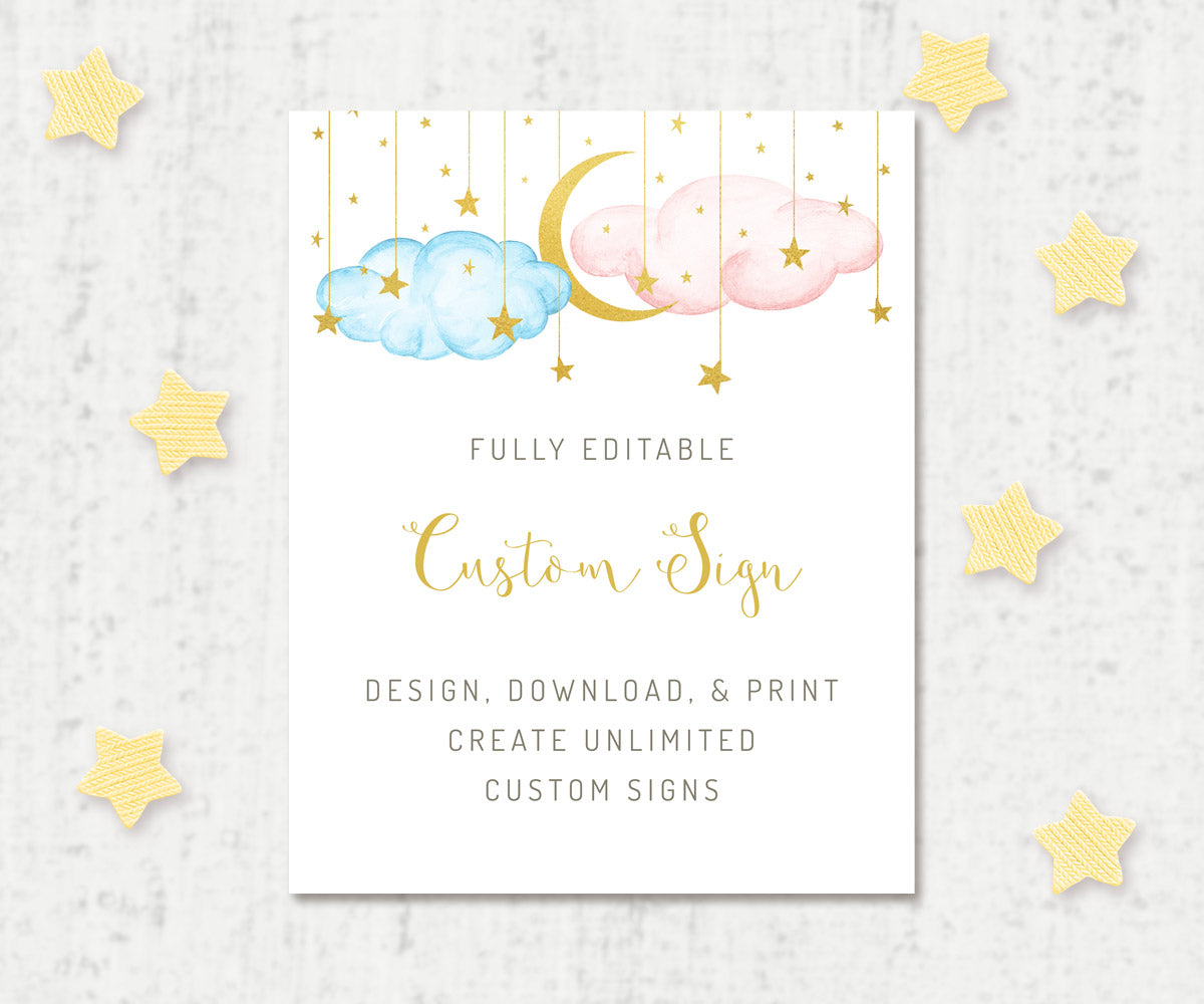 Twinkle twinkle little star baby shower or gender reveal custom sign editable template, blue and pink clouds with gold moon and stars to create unlimited custom signs, portrait orientation, 8 x 10 inches